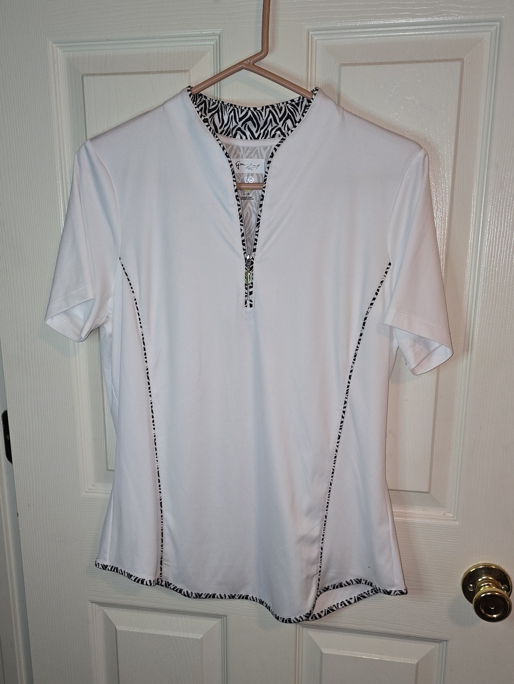 Greg Norman Collection White Short-Sleeve Zip Tee with Black Zebra Trim